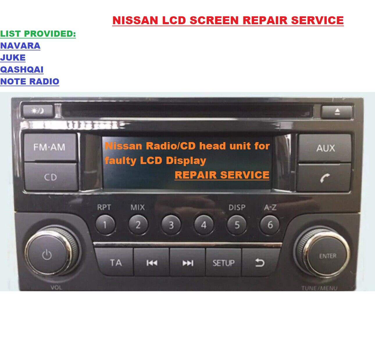 Nissan Navara Juke Qashqai Note Radio/head Unit LCD Screen Repair Service